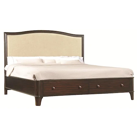 Queen Low Profile Bed with Upholstered Panel Headboard & Two-Drawer Storage Footboard